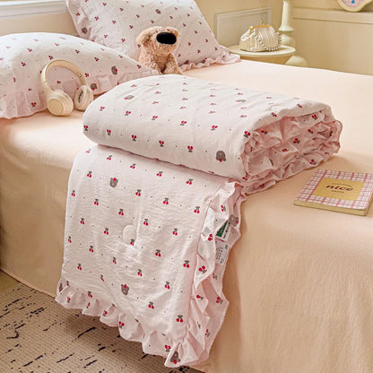 DecorBites™ Korean Cotton Patchwork Quilt with Lace and Ruffle for Summer