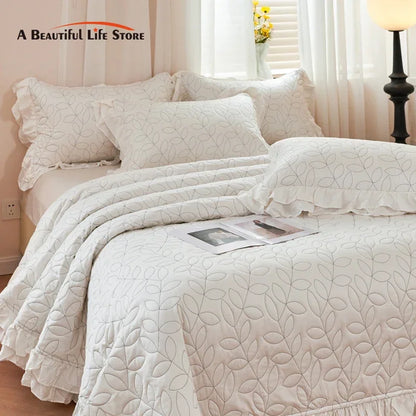 DecorBites™ Leaf Embroidery Double Layer Lace Ruffles Quilt Set with Bedspread & Pillowcases