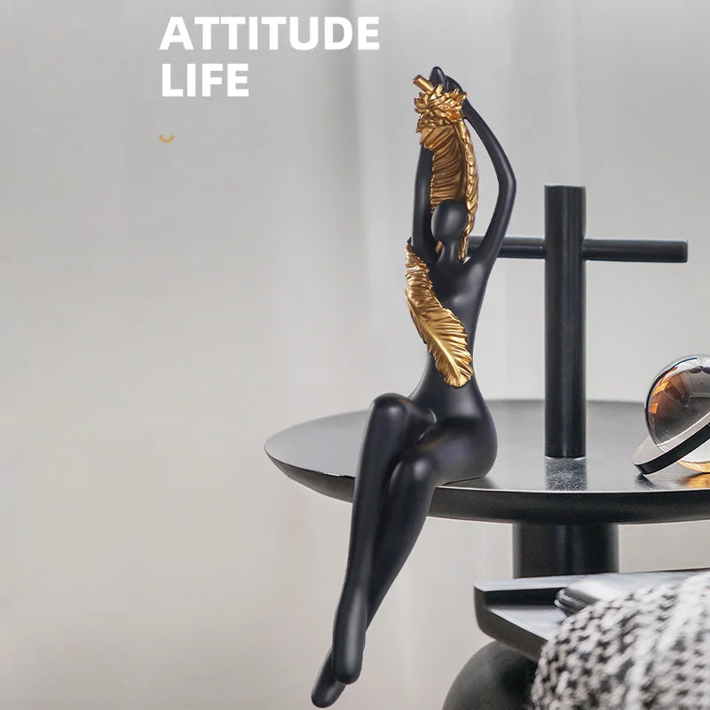 DecorBites™ Large Nude Feathered Body Sculpture | Modern Abstract Sitting Figurine Statues