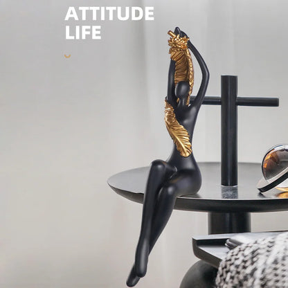 DecorBites™ Large Nude Feathered Body Sculpture | Modern Abstract Sitting Figurine Statues