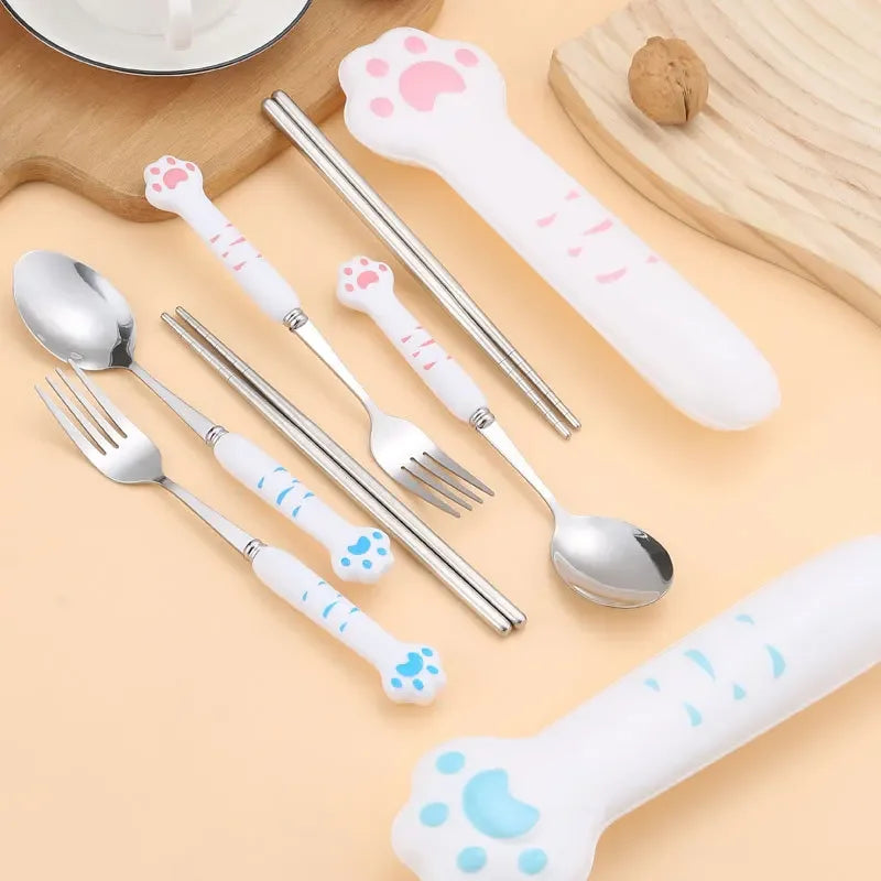 Juego de Cubiertos de Garra de Gato Kawaii™ Decorbites para Niños - Kit de Utensilios de Mesa Portátil para Exteriores