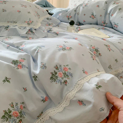 Decobites Lace Ruffles Floral Velvet Patchwork Duvet Cover Bedding Set