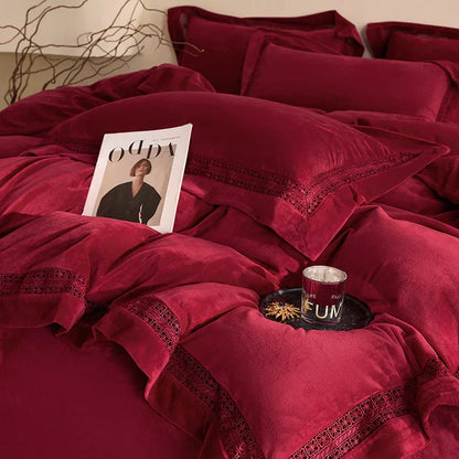 Decobites Cozy Velvet Lace Bedding Set: Duvet Cover, Sheet, Pillowcases - 4Pcs Warm & Stylish