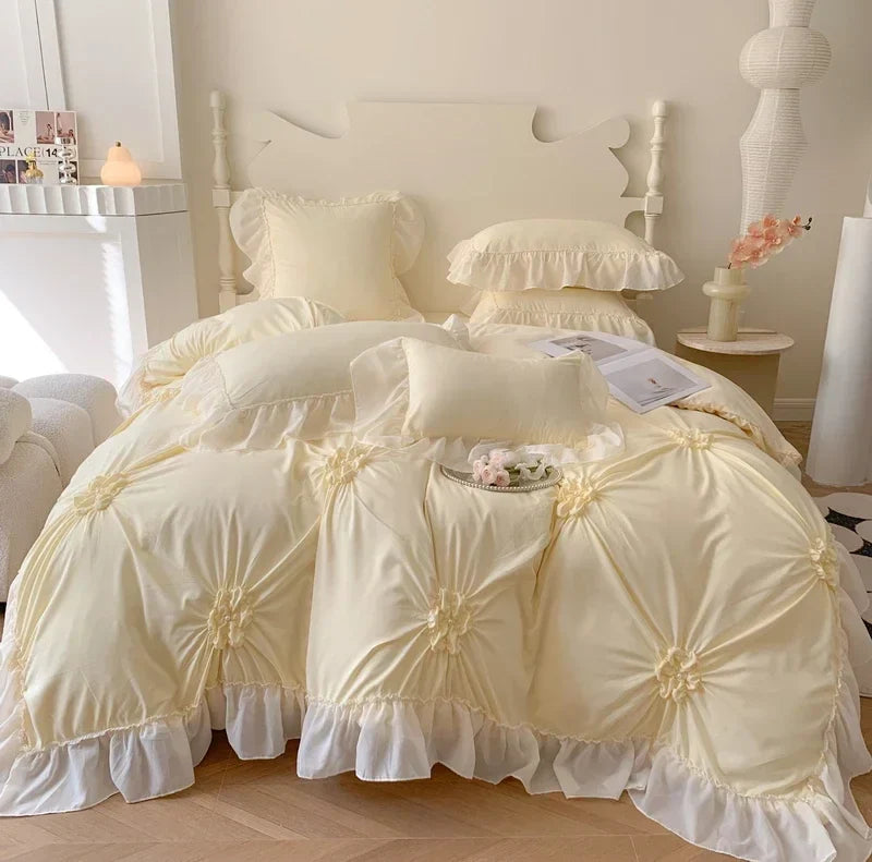DecorBites™ Lace Princess Bedding Set: Romantic Ruffles & Bow Duvet Cover, Sheet, Pillowcases