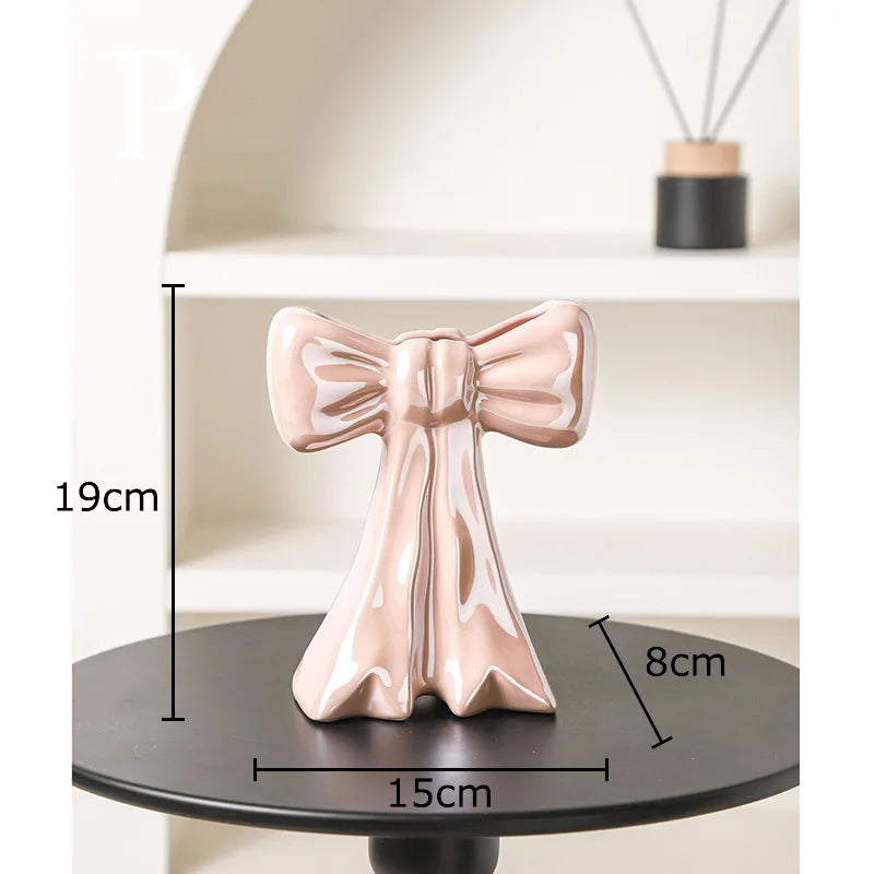 DecorBites™ Bowknot Ceramic Vase: Shiny Porcelain Floral Decor for Aesthetic Rooms