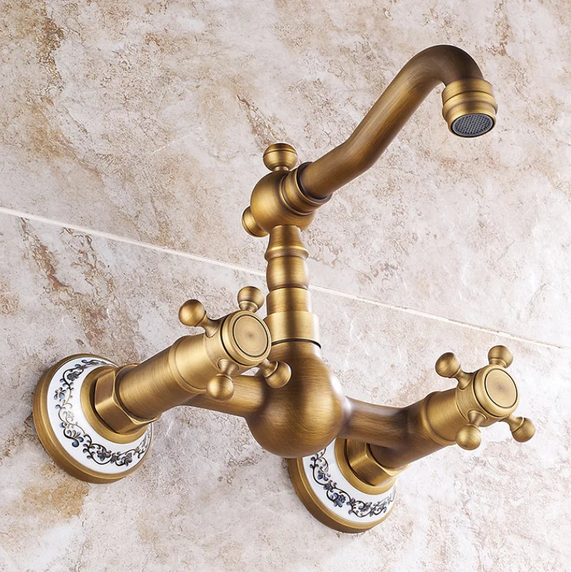 DecorBites™ Brass Ceramic Wall Mount Faucet for Bathroom Washbasin - Double Handle Cold Hot Water