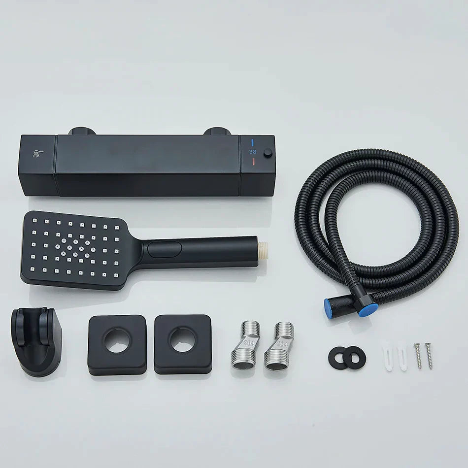 طقم دش ترموستاتي DecorBites™ أسود/كروم مع خلاط مثبت على الحائط من النحاس مع بخاخ