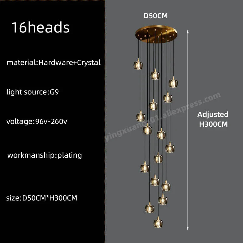 DecorBites™ Black & Gold Crystal Chandelier LED Pendant Light Fixture Loft Staircase Lighting