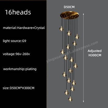 DecorBites™ Black & Gold Crystal Chandelier LED Pendant Light Fixture Loft Staircase Lighting