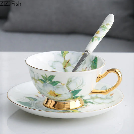 DecorBites™ Green Flowers Ceramic Cup & Saucer Set for Coffee, Tea, Juice, and More