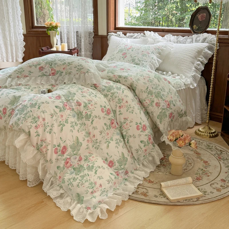 Decobites Floral Print Cotton Princess Bedding Set with Vintage Lace Details