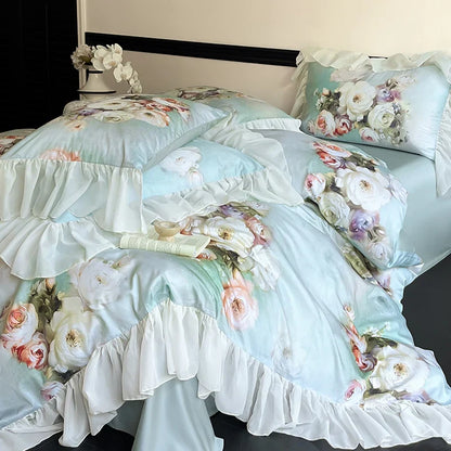 Decobites French Flowers Lace Ruffles Bedding Set: Soft Silky Ice Silk for Single Queen King