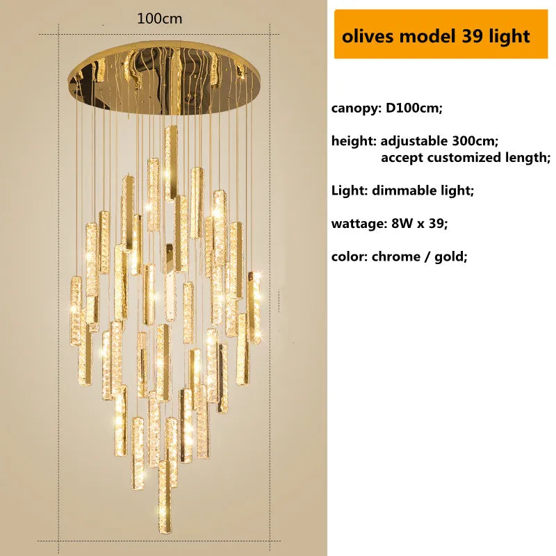Luces de Lámpara Colgante de Cristal en Acero Cromo Dorado Decorbites™ con LED Regulable para Escalera de Villa