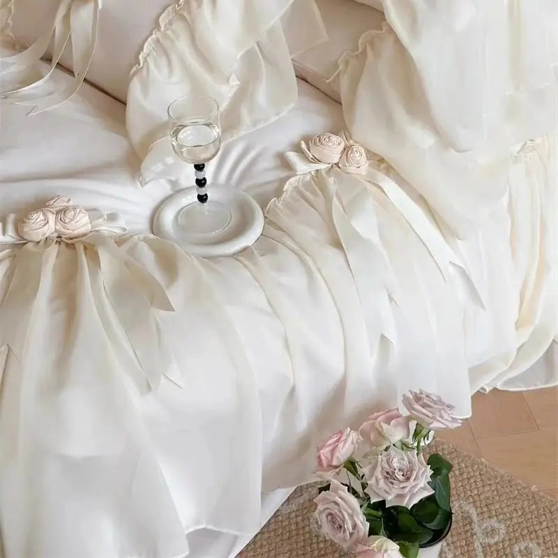 Decobites Romantic Rose Lace Ruffles Princess Wedding Bedding Set - 1200TC Egyptian Cotton