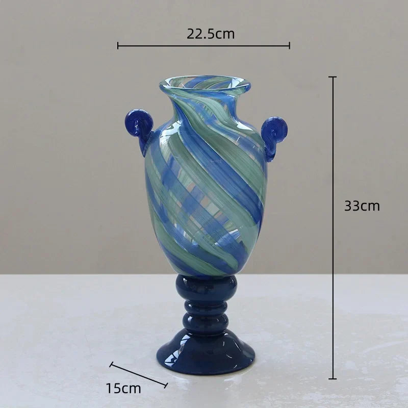 DecorBites™ Blue Striped Transparent Glass Vase - Tall Bottle Flower Pot Bouquet Holder