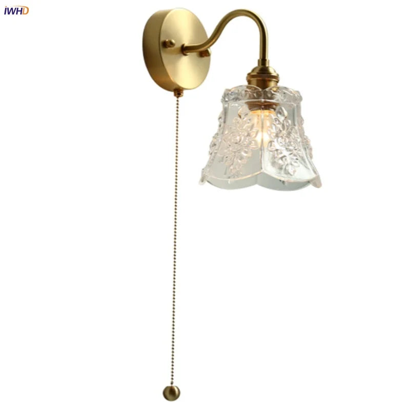 DecorBites™ Clear Glass LED Wall Sconce Pull Chain Switch Modern Copper Bedside Lamp
