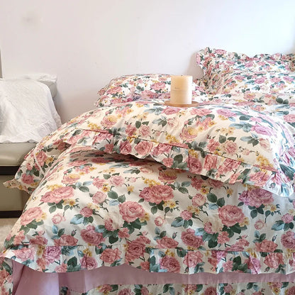 Decobites Vintage Rose Flowers Lace Ruffles Cotton Girl Bedding Set - 1 Duvet, 1 Sheet, 2 Pillowcases