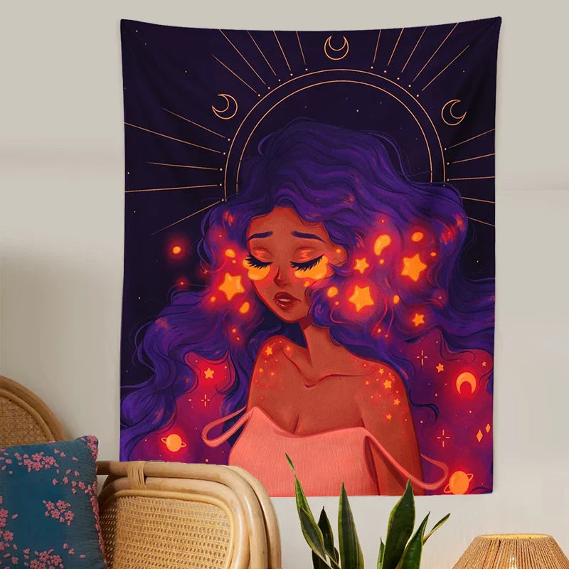 Decobites Moonlit Girl Tapestry: Luminous Sky Boho Wall Decor