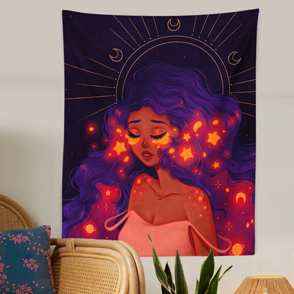 Decobites Moonlit Girl Tapestry: Luminous Sky Boho Wall Decor