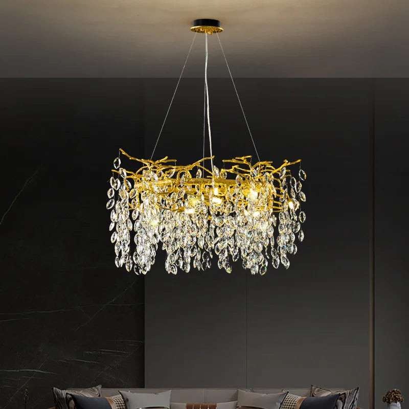 Gold Crystal Tree Chandelier Matte Aluminum Finish