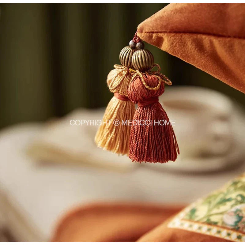 Funda de cojín reversible al estilo tapiz de gobelin Decorbites™ con borlas y decoración floral de pájaros retro