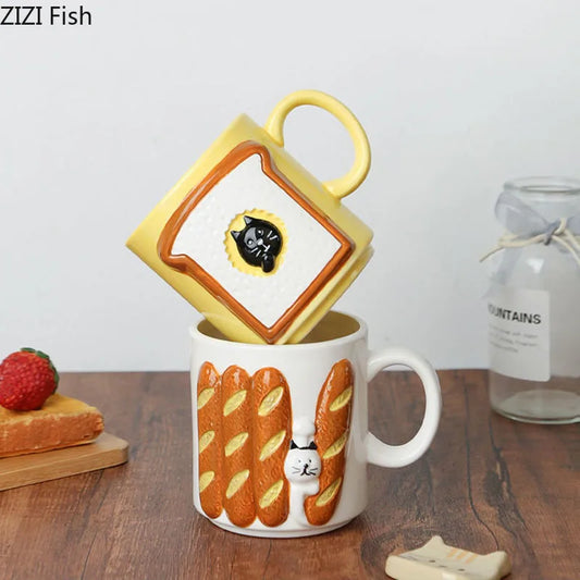 DecorBites™ Cat & Bread Pattern Ceramic Cup 200ml Coffee Mug Tea Afternoon Teacup Juice Mug