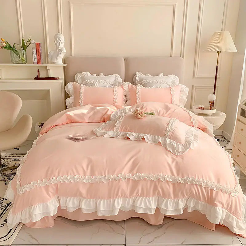 DecorBites™ Korean Princess Lolita Bed 4-Piece Set in Solid Washed Cotton