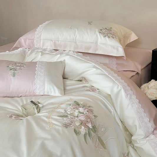 Decobites Flowers Embroidery Lace Princess Bedding Set 1000TC Egyptian Cotton Duvet Cover Set