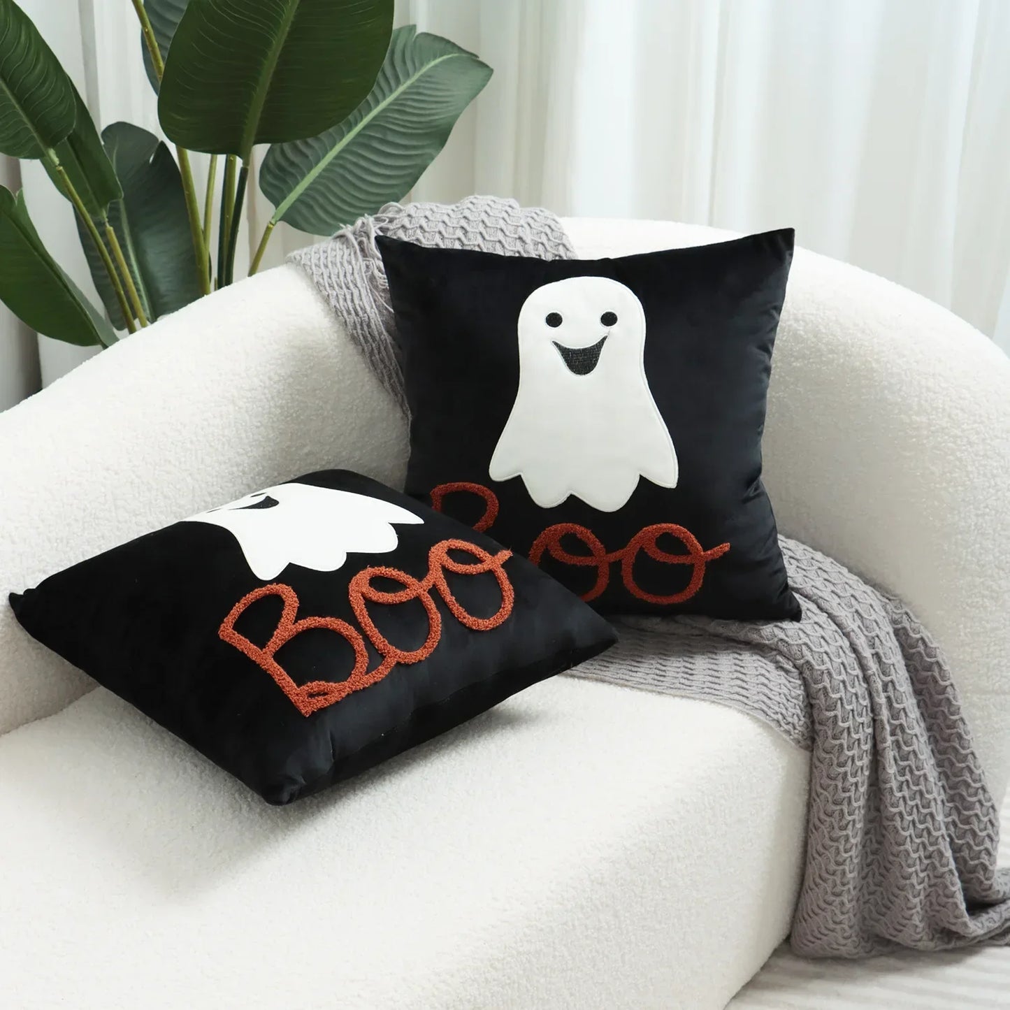DecorBites™ Halloween Ghost Patchwork Pillow Cover - Decorative Embroidered Cushion Cover