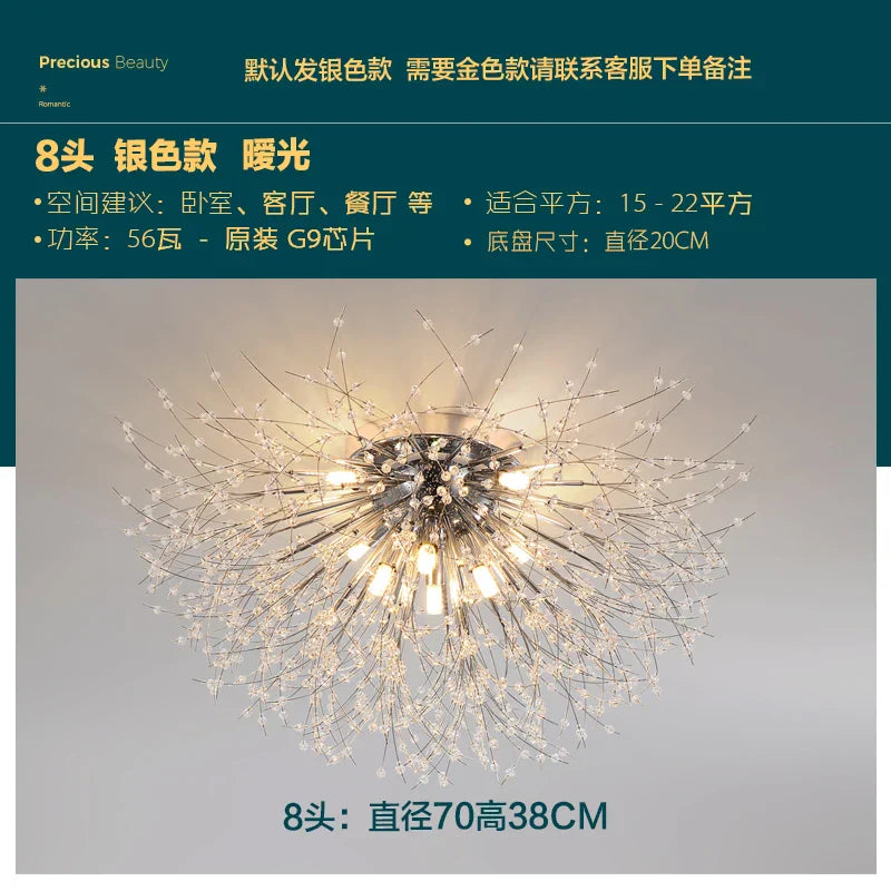 DecorBites™ Golden Löwenzahn-Kristallkronleuchter: Warme nordische LED-Deckenleuchte für romantisches Wohnzimmer.