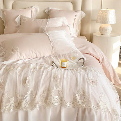 Decobites French Lace Ruffles Princess Wedding Bedding Set - 4Pcs 1000TC Cotton - Duvet, Sheet, Pillowcases