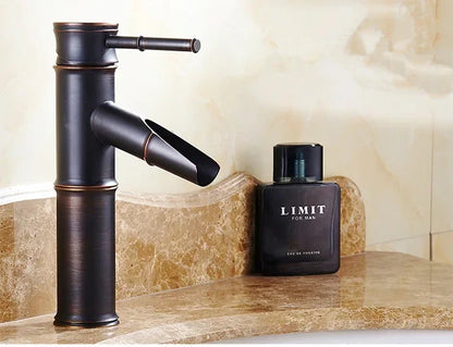 DecorBites™ Black Bronze Waterfall Faucet Bamboo Bathroom Sink Tap High Arch Mixer
