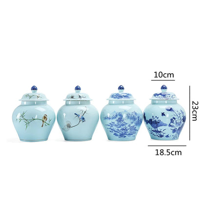 DecorBites™ Hand Painted Blue and White Ceramic Tea Canister Jar