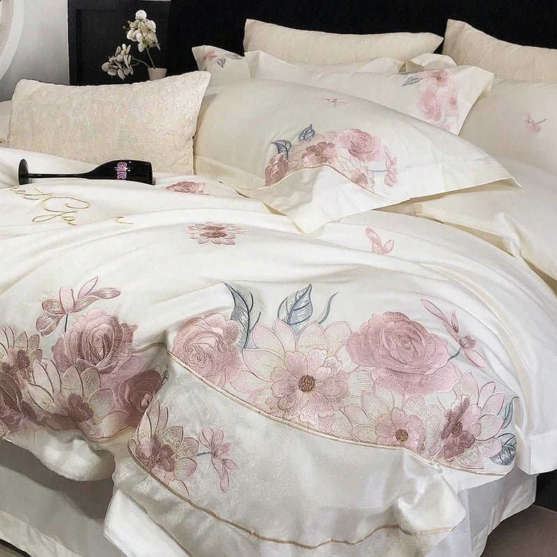 Decobites Luxury Flowers Embroidery Bedding Set 600TC Egyptian Cotton Duvet Cover Queen King Size