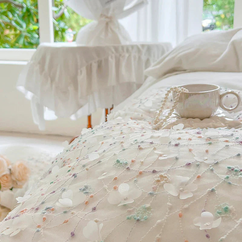 Decobites Floral Lace Ruffles Bedding Set: Duvet, Bedskirt, Bedspread, Sheet, Pillowcases