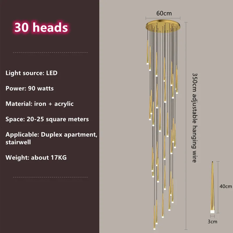 DecorBites™ Loft Black LED Stair Chandelier for Modern Living Room and Restaurant