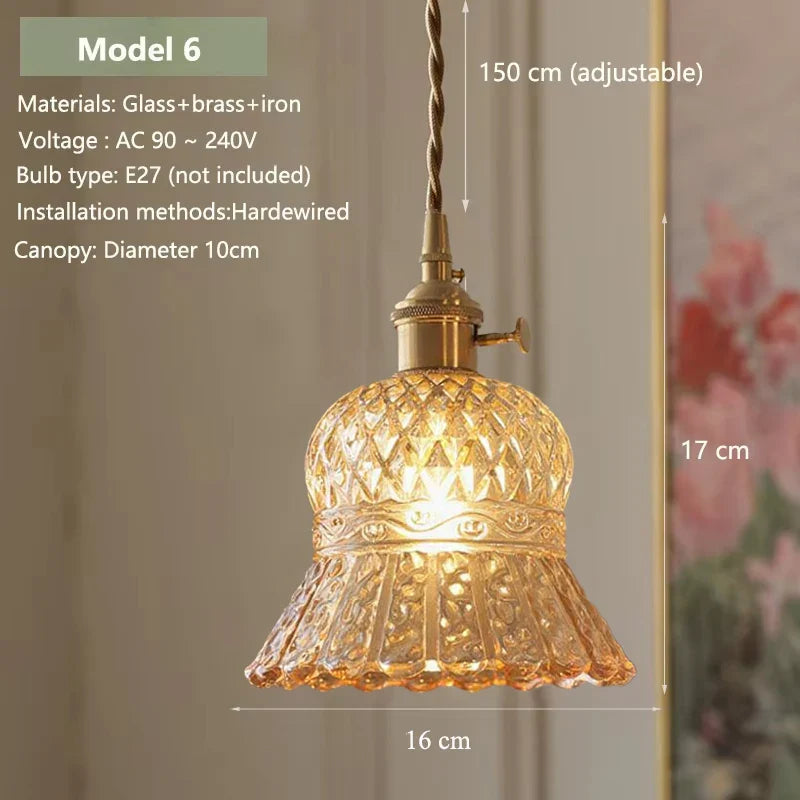 Vintage Amber Glass Pendant Light With Brass Detail