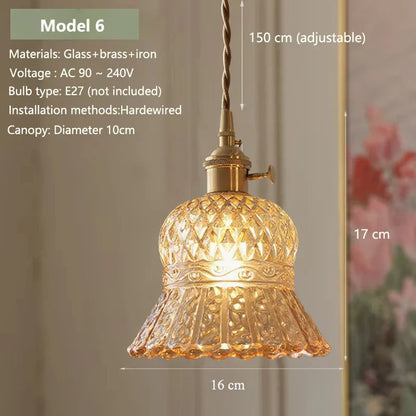 Vintage Amber Glass Pendant Light With Brass Detail