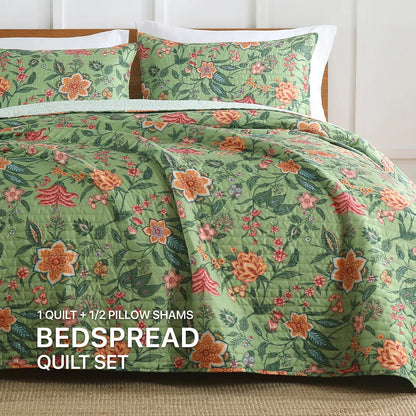 Decobites Green Floral Quilt Set 3-Piece Oversized Bedding with Shams