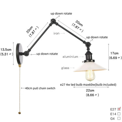 DecorBites™ Industrial Loft Swing Arm Wall Sconce Clear Glass Pull Chain Switch Bedside Lamp