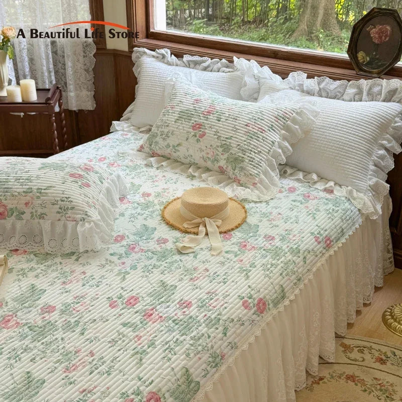 Decobites Lace Ruffles Bed Skirt Set with Pillowcases for 1.2-2M Beds