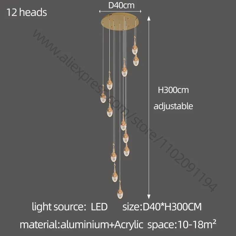 Lámpara de araña LED dorada para escalera DecorBites™ | Lámpara colgante de lujo para sala de estar grande