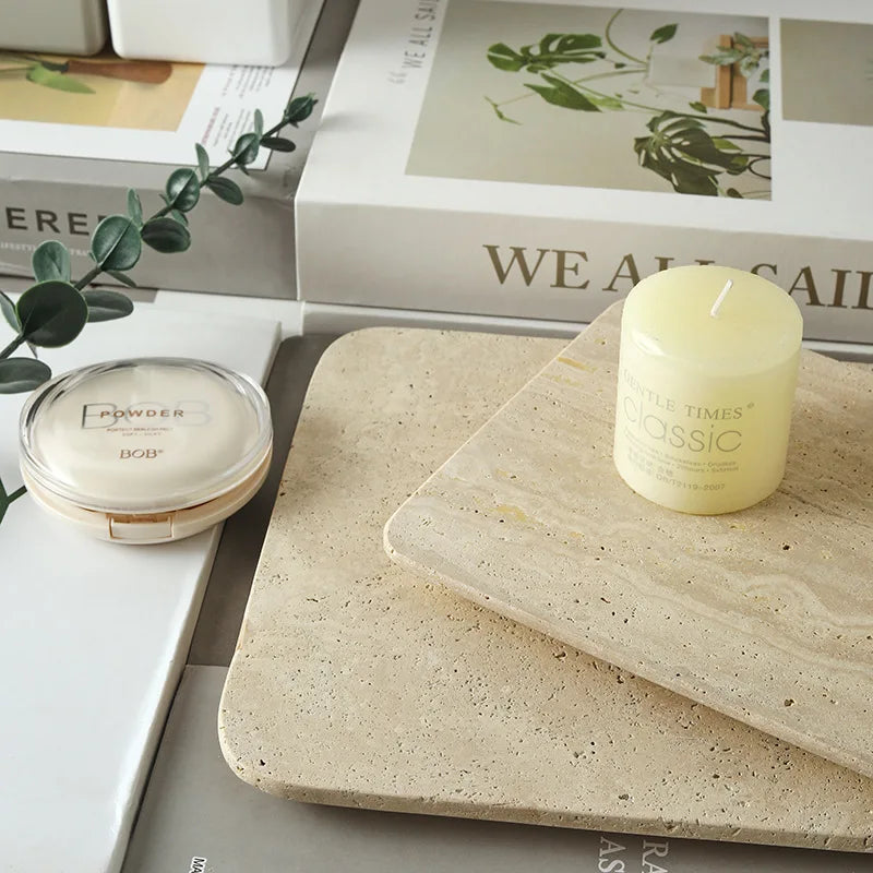 DecorBites™ Beige Travertine Marble Plate for Pastry Cheese Dessert Coffee & Bathroom Essentials