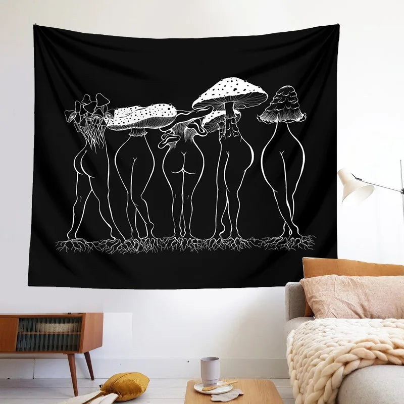 Decobites Mushroom Woman Tapestry Wall Hanging Black White Boho Decor Bedroom Aesthetic