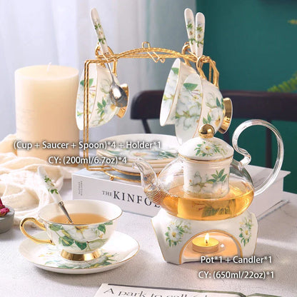 DecorBites™ Camellia Floral Tea Set Bone China Glass Teapot & Ceramic Teacup Pot Strainer