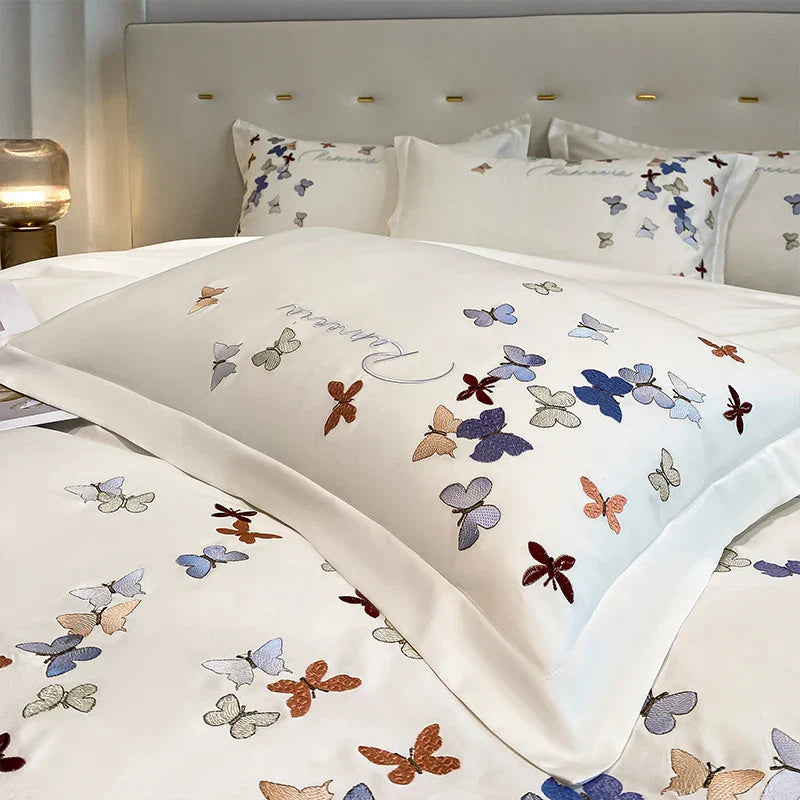 DecorBites™ Butterfly Embroidery Cotton Luxury Bedding Set - 4Pcs