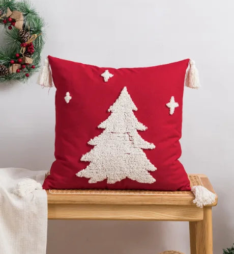 DecorBites™ Christmas Embroidered Red Geometric Pillow Cover for Festive Home Decor