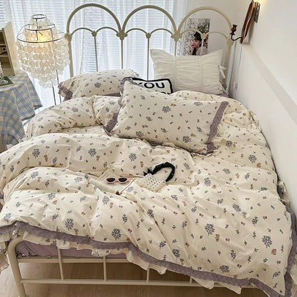 DecorBites™ French Floral Print Double Layer Lace Ruffles Bedding Set