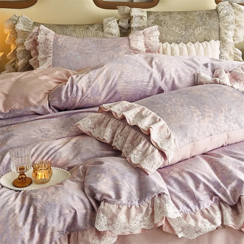 Decobites Purple Vintage Lace Ruffles Bedding Set with Egyptian Cotton Duvet Cover