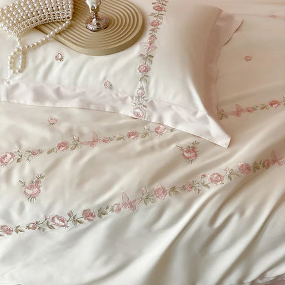 Decobites Rose Flowers Embroidery Bedding Set - Soft Lyocell Cotton, Silky Duvet Cover, Sheet, Pillowcases